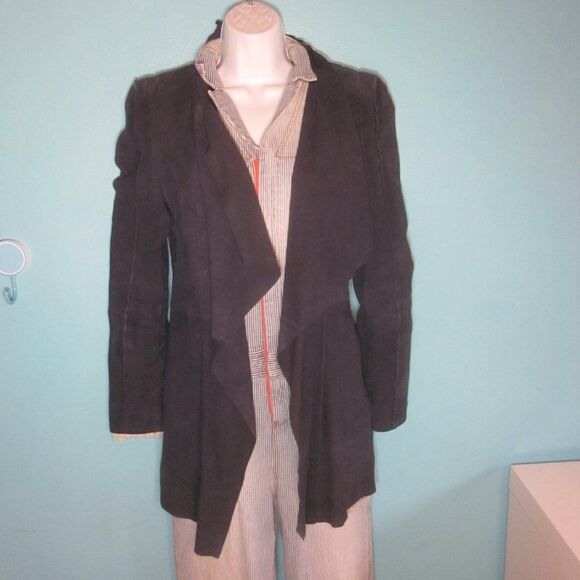 BCBG Womens Size S Navy Blue Leather Coat Draped Layered Waterfall Front Jacket - Picture 14 of 16